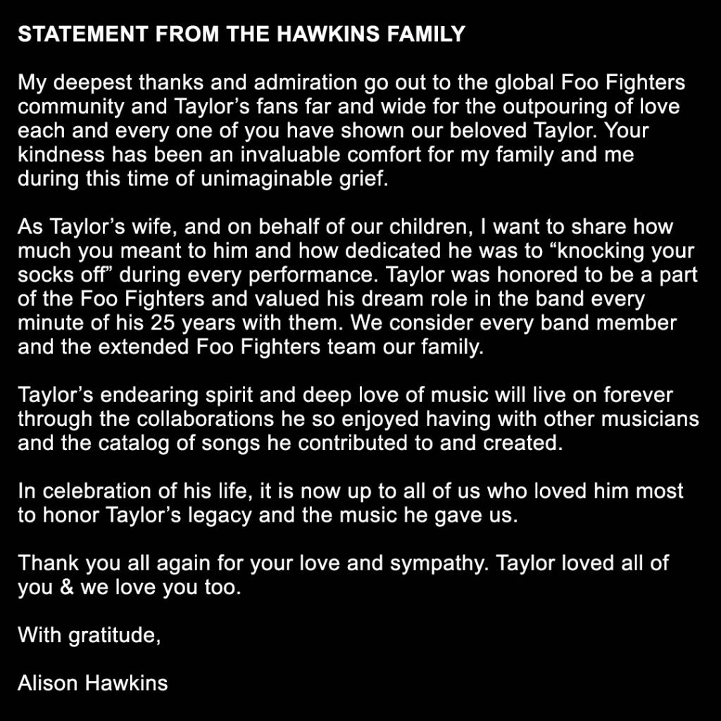 Hawkins Statement Tributo a Taylor Hawkins: 2 shows presentados por Foo Fighters y su familia Summa Inferno | Metal + Rock & Alternative Music