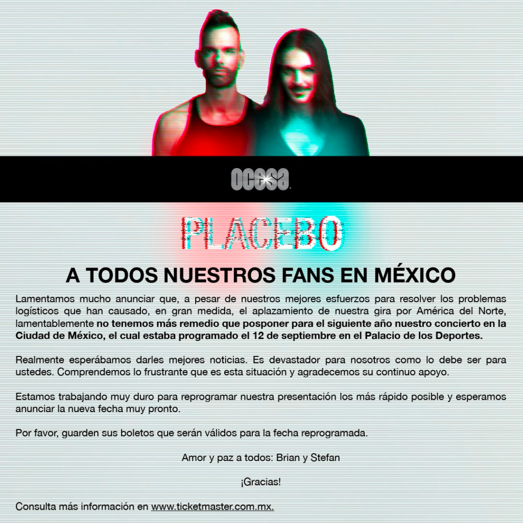 305834950 2008367082682605 106727753232722270 n 1 Placebo posterga su concierto en México Summa Inferno | Metal + Rock & Alternative Music