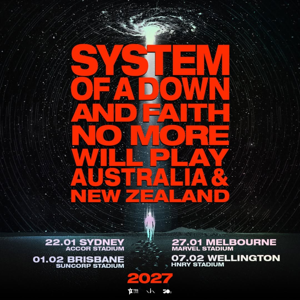 Cartel de los conciertos de System Of A Down y Faith No More en Australia y Nueva Zelanda durante 2027